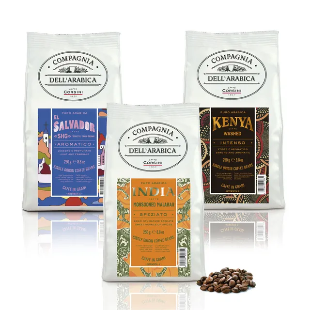 caff-corsini-compagnia-dell-arabica-tris-caff-in-grani-el-salvador-india-kenya-3 image 1